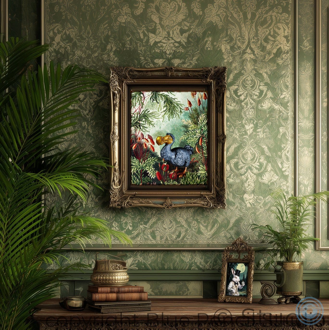 Decorative framed artwork of blue dodo on a wall with ornate green wallpaper and plants.