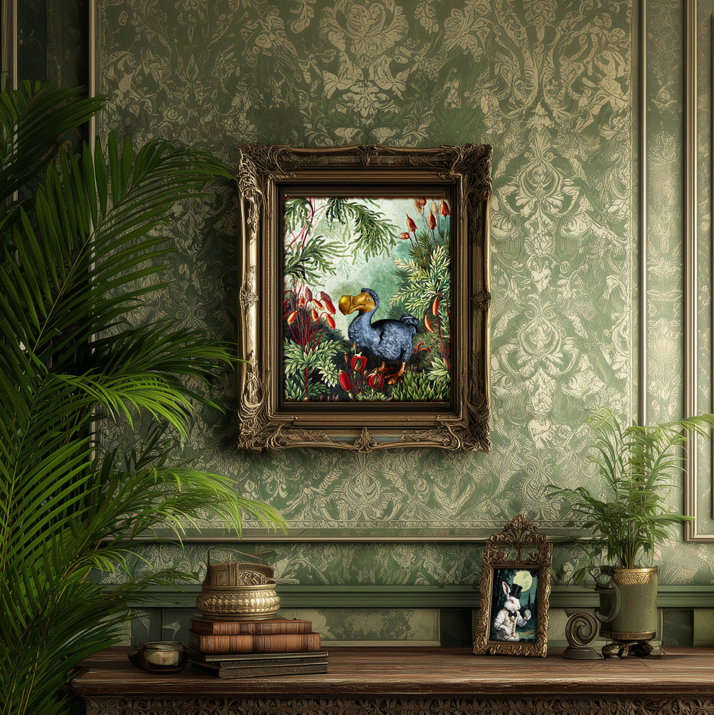Decorative framed artwork of dodo on a wall with ornate green wallpaper and plants.