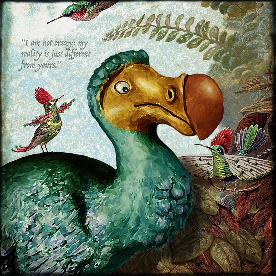A stylized illustrated artwork showing a large green Dodo with a brown beak, surrounded by smaller colorful birds and foliage. The scene has a textured painterly background with a quote in the upper left and a visible 'Your Brand' watermark at the bottom.