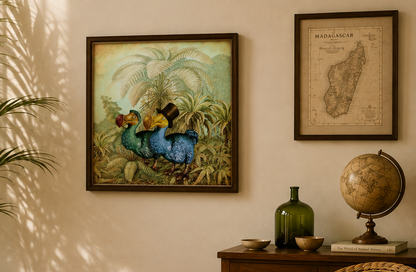 A framed vintage-style painting of two blue dodos in a tropical jungle hangs on a beige wall above a wooden console table. The room is styled with a green glass bottle, bowls, and a globe, and the left side features soft leaf shadows cast across the wall.