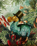 Dodo bird in top hat with a background of botanical illustration