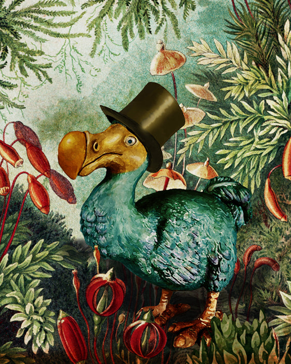 Dodo bird in top hat with a background of botanical illustration