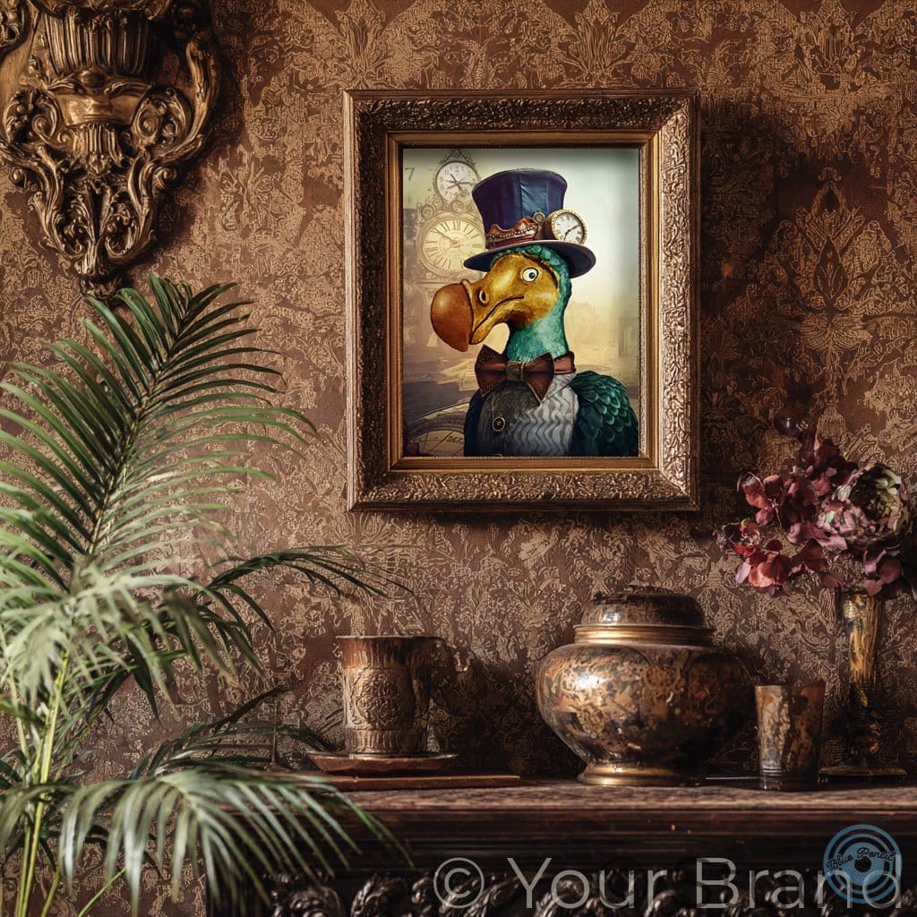 Decorative wall with a framed painting of a dodo bird in a top hat, surrounded by decorative items and plants.