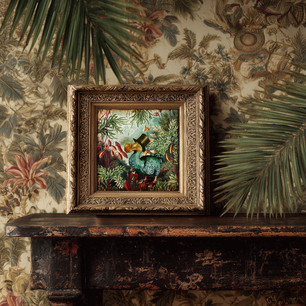 A framed art print depicting a whimsical forest scene with a green dodo bird and a yellow bird, displayed on a dark wooden mantelpiece against a vintage floral wallpaper with palm leaves.
