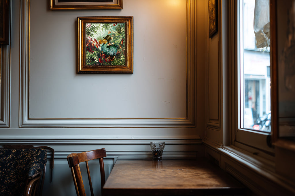 Dining area with a table, chairs, and a dodo bird painting on the wall.