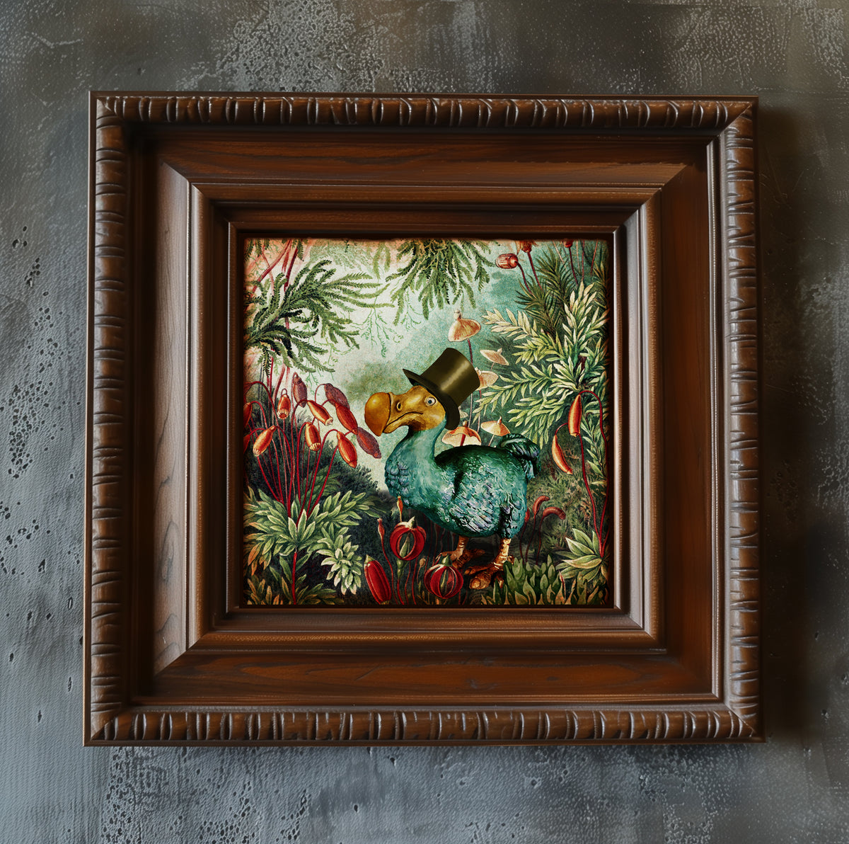 Framed artwork of a dodo with a top hat in a forest setting on a textured grey wall.
