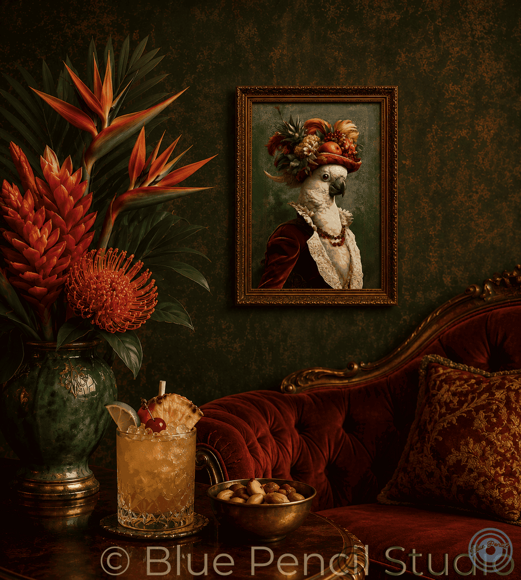A framed portrait painting of a parrot dressed in historical clothing, hanging on a dark textured wall above a red velvet sofa. A large vase with orange tropical flowers and a cocktail glass sit on a table in the foreground.