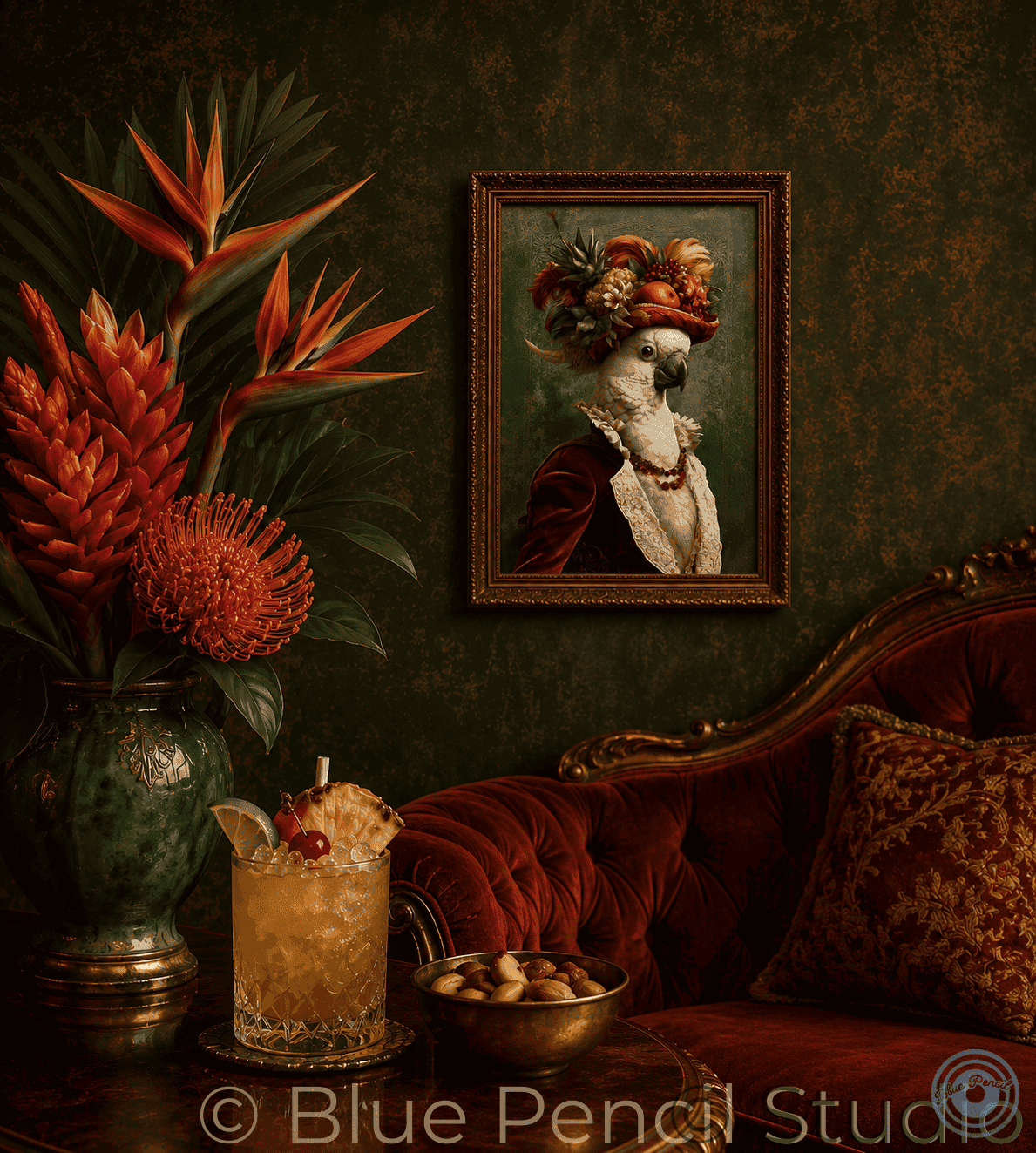 A framed portrait painting of a parrot dressed in historical clothing, hanging on a dark textured wall above a red velvet sofa. A large vase with orange tropical flowers and a cocktail glass sit on a table in the foreground.