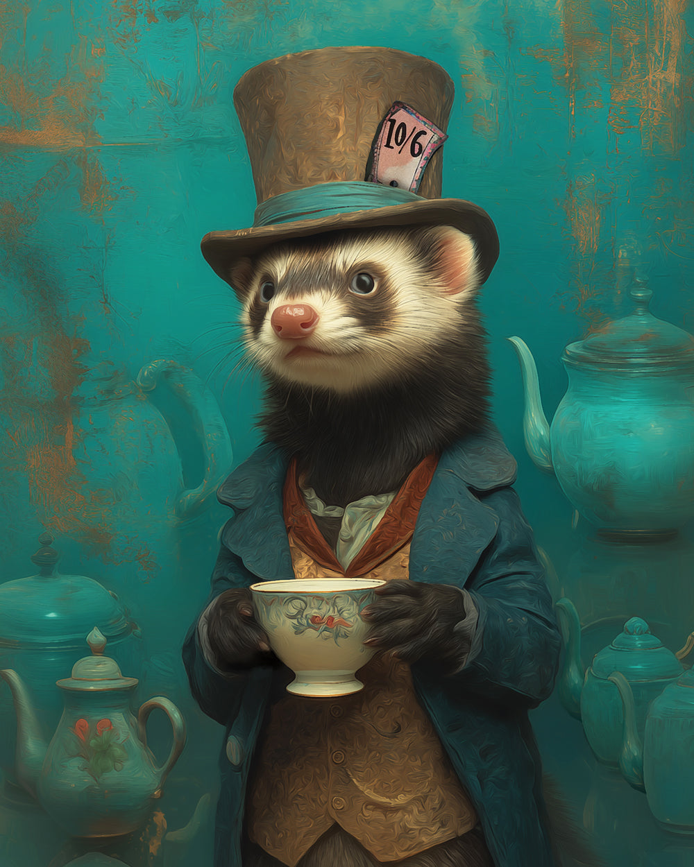 Mad Hatter Ferret Print – Wonderland Animal Portrait Wall Art