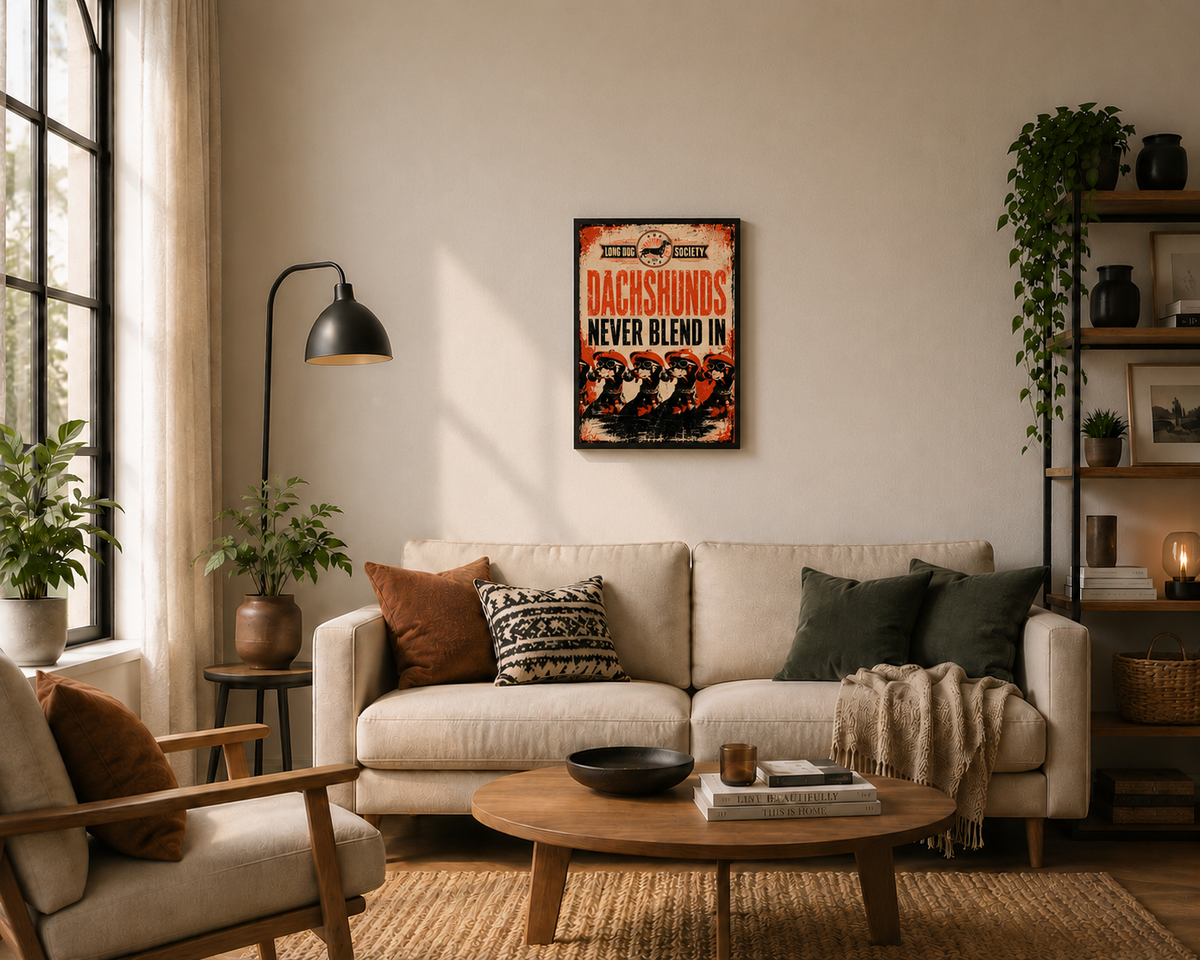 A framed vintage-style poster reading 'Dachshunds Never Blend In' hangs on a beige wall above a cream sofa in a styled living room with plants, pillows, a coffee table, and shelving.