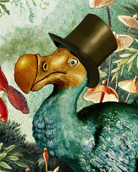 Dodo bird wearing a top hat with a floral background