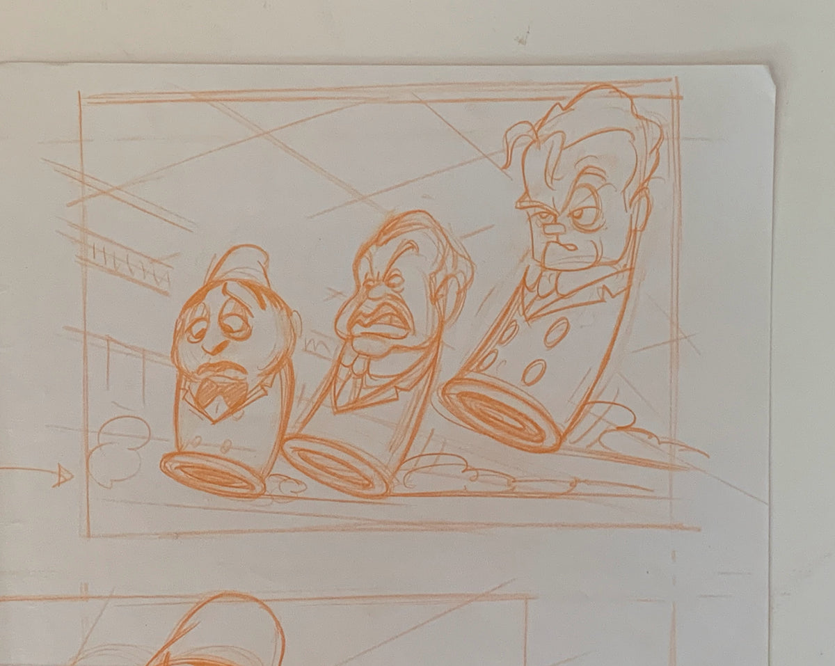 A hand-drawn orange pencil sketch on white paper, depicting three stylized cartoon characters from Weetabix commercial with exaggerated facial features and body shapes.