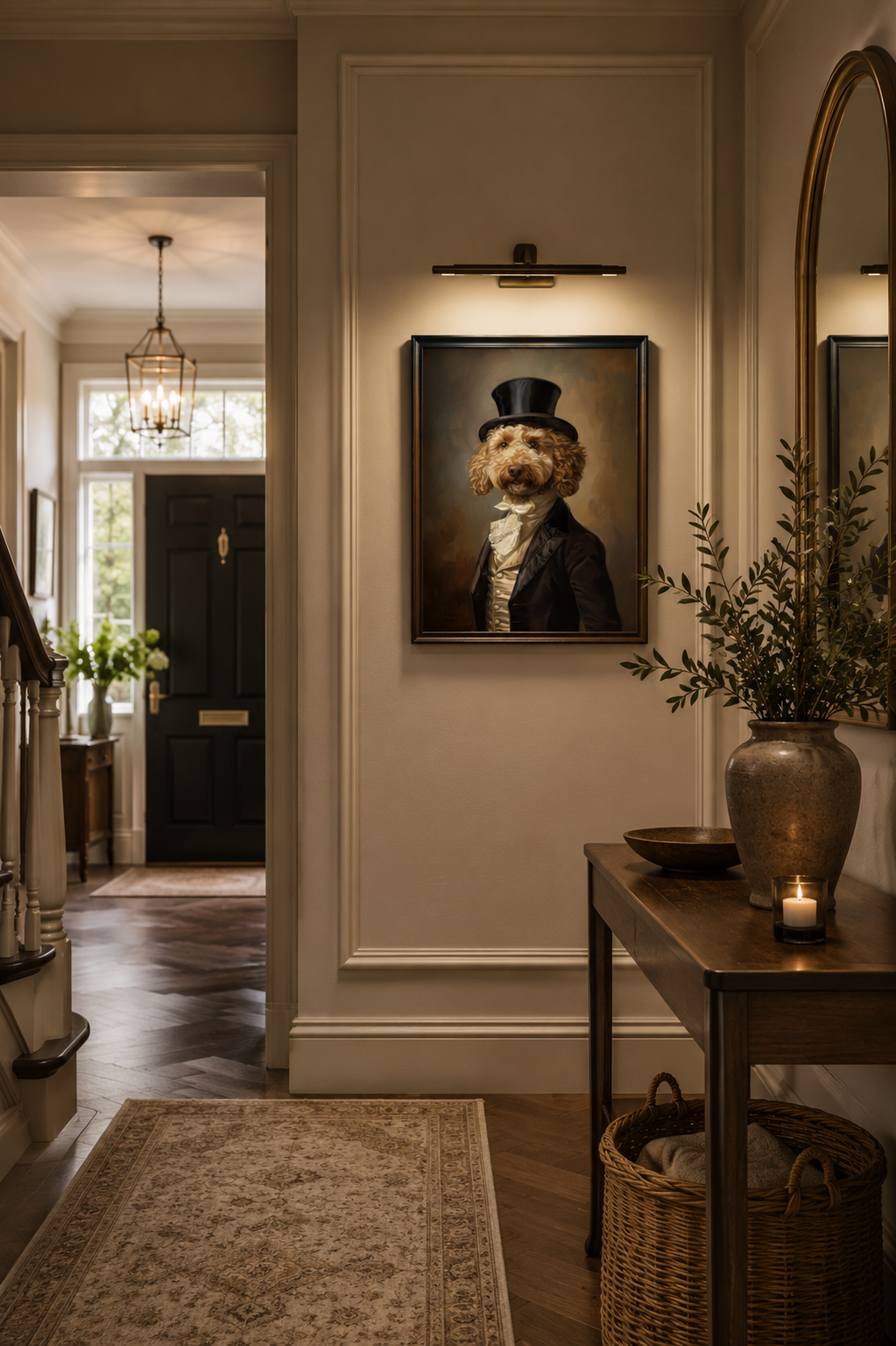 A framed sepia-toned portrait of a labradoodle in a top hat hanging on a beige wall in a hallway, with a console table, vase, and mirror beside it.