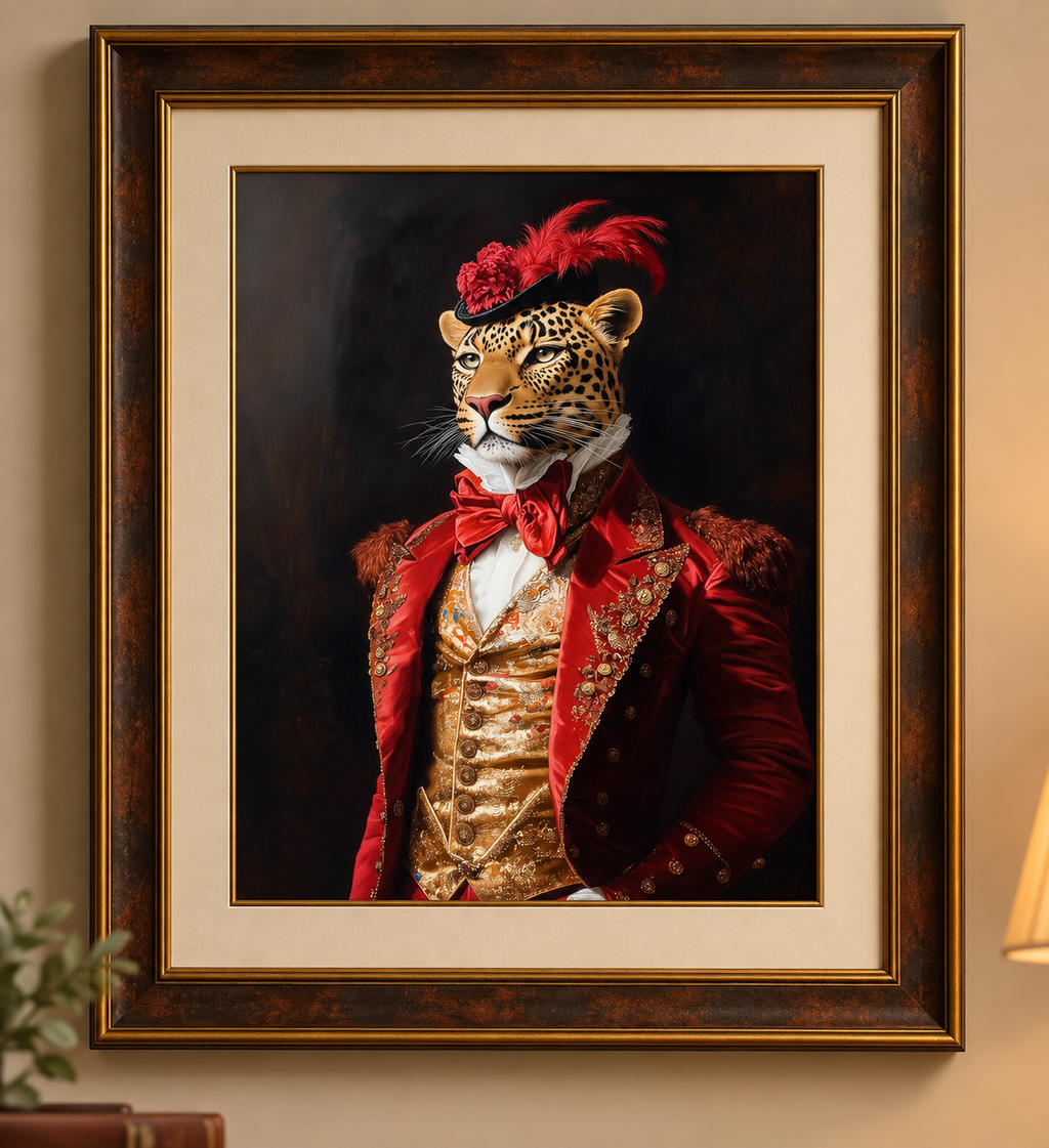 Framed wall art featuring a stylized portrait of a leopard dressed in ornate red and gold formalwear, shown hanging on a beige wall with a lamp and small plant partially visible.