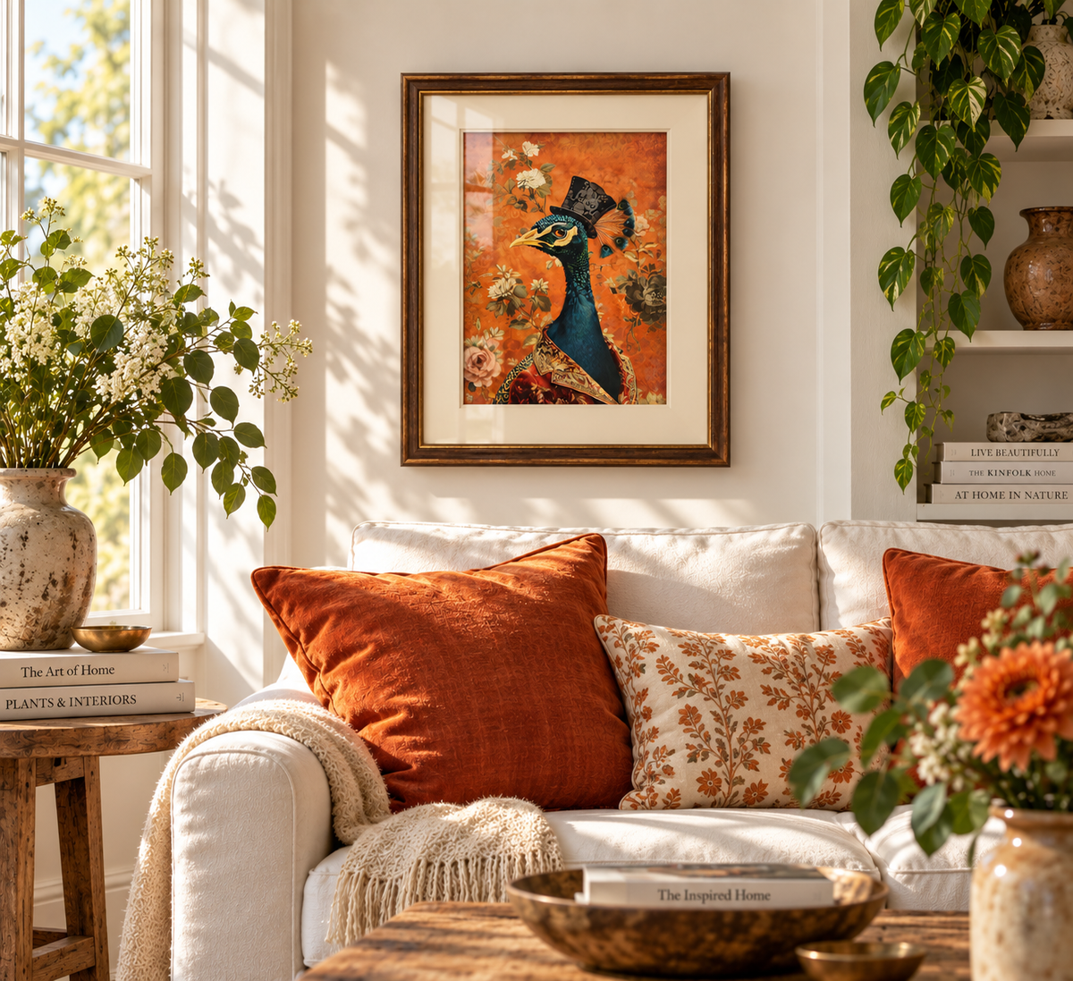 Framed wall art featuring a stylized peacock on an orange background, displayed above a white sofa with rust and floral throw pillows in a sunlit living room.