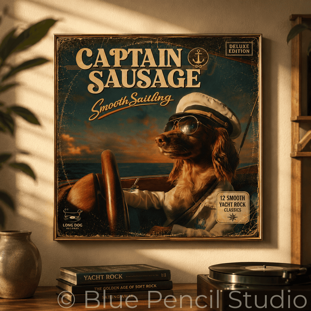Framed album cover of 'Captain Sausage' with a dog in a captain's hat on a shelf.
