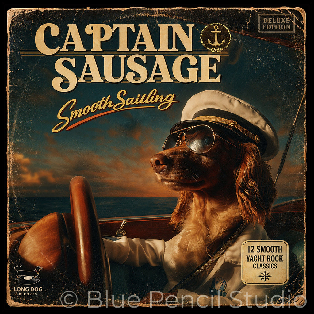 Album cover art for 'Captain Sausage - Smooth Sailing Deluxe Edition' featuring a dog dressed as a captain in a wooden boat against a sunset sea background.