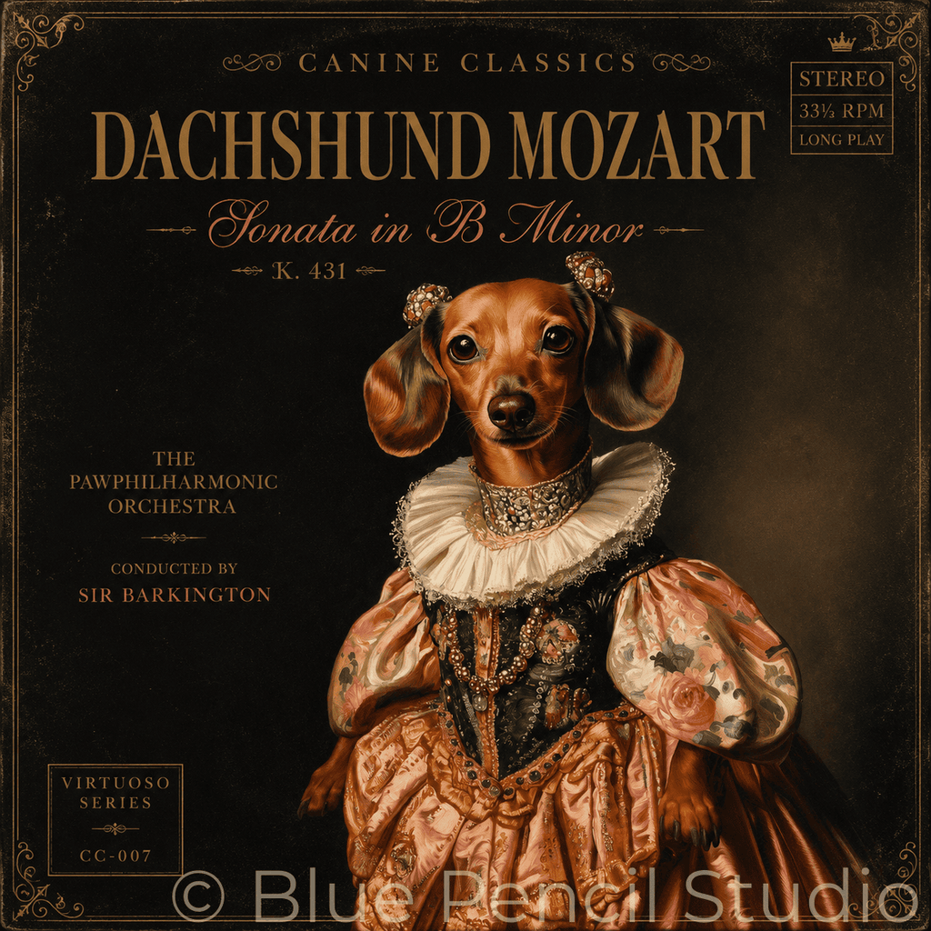 Album cover for 'Dachshund Mozart - Sonata in B Minor' from the Canine Classics series. The cover features a detailed classical painting of a dachshund dressed in an ornate, historical royal gown with a large white ruffled collar, set against a dark textured background with gold typography.
