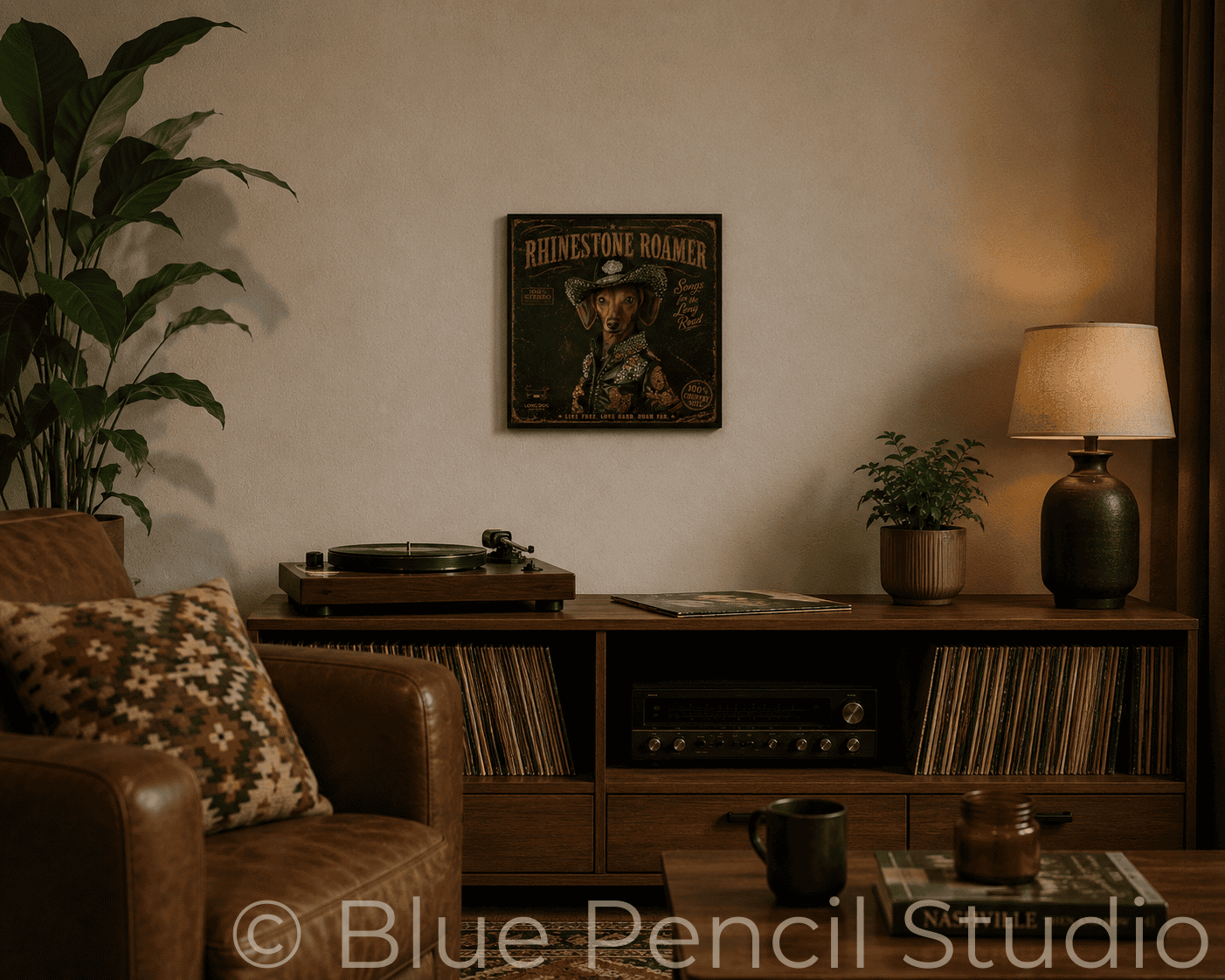Cozy living room with a brown leather sofa, wooden coffee table, and record player.