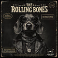 Album cover art for 'The Rolling Bones - Remastered' featuring a detailed black and white illustration of a dachshund wearing sunglasses, a leather jacket, and a bandana, set against a dark textured background with vintage-style text and labels.