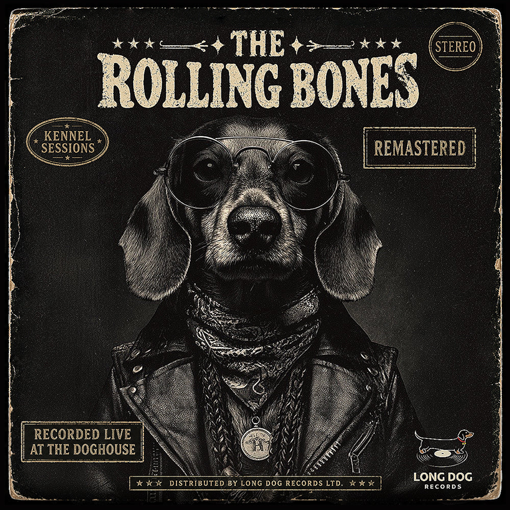 Album cover art for 'The Rolling Bones - Remastered' featuring a detailed black and white illustration of a dachshund wearing sunglasses, a leather jacket, and a bandana, set against a dark textured background with vintage-style text and labels.