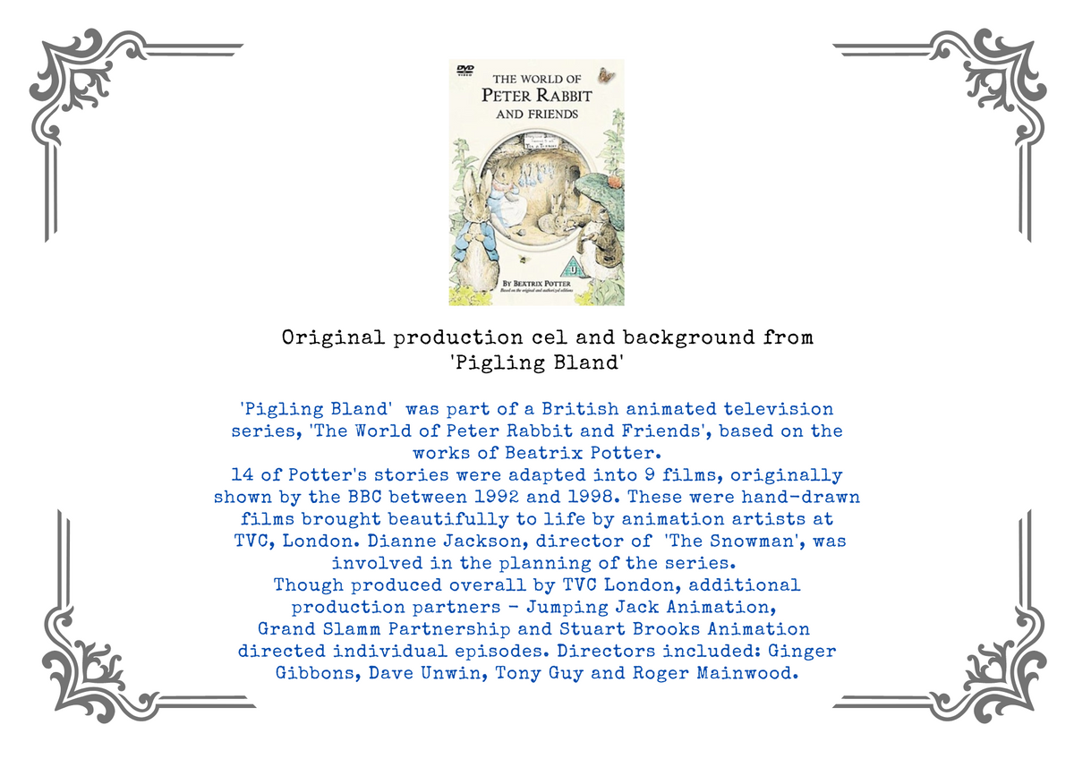 A white certificate featuring blue text about the original production cel and background from 'Pigling Bland' and 'The Wonderful Peter Rabbit and Friends' animated series, BBC