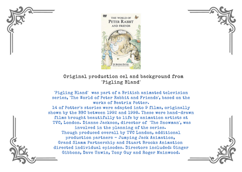 A white certificate featuring blue text about the original production cel and background from 'Pigling Bland' and 'The Wonderful Peter Rabbit and Friends' animated series, BBC