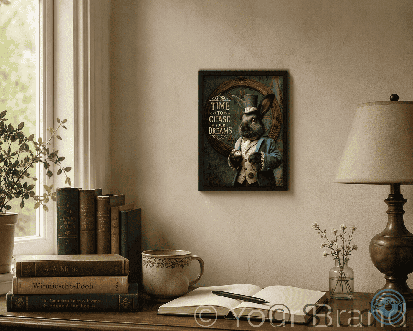 Framed artwork of a rabbit with a top hat on a wall above a desk with books, a mug, and an open book.