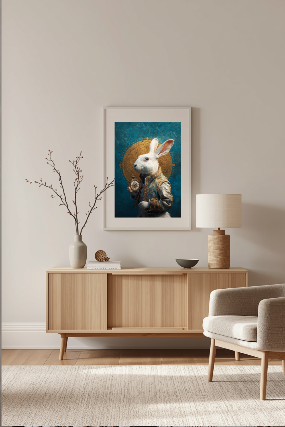 Framed artwork of a rabbit in a suit above a wooden sideboard in a living room.
