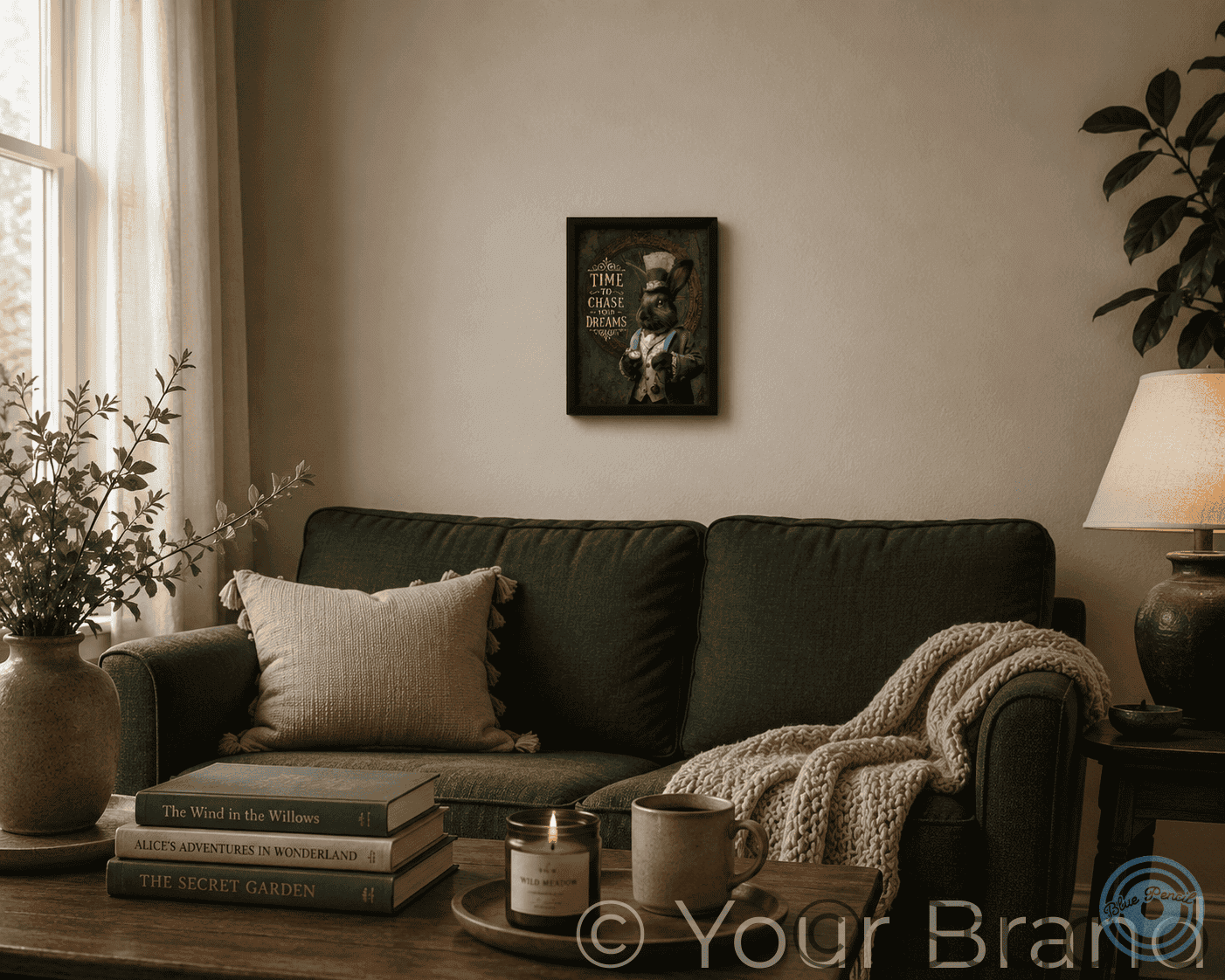 Cosy living room with a dark green sofa, books, a candle, and framed rabbit print