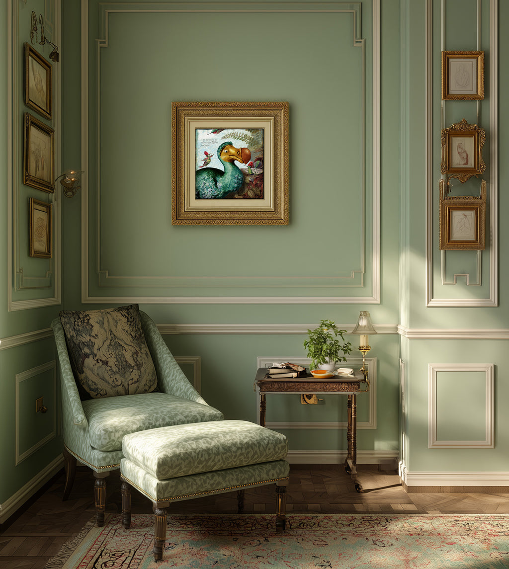 Decorative interior with a chair, ottoman, and wall art in a room with green walls.