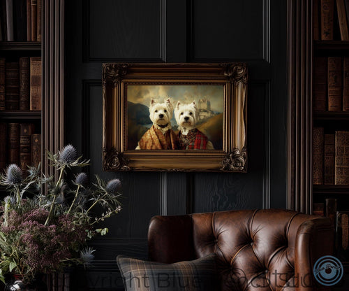 Framed portrait of two Westie dogs in Tartan clothing on a dark wall with a leather chair and plants.