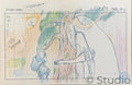 A hand-drawn animation production sketch on a white sheet, featuring a large tree-like figure with a face and a small blue-haired character standing beside it. Colored pencil shading in green, yellow, orange, and blue is visible, with handwritten notes and a Studio Ghibli logo in the upper left.