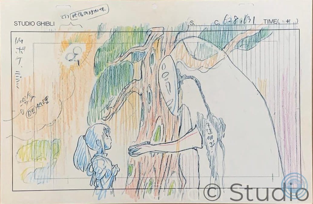 A hand-drawn animation production sketch on a white sheet, featuring a large tree-like figure with a face and a small blue-haired character standing beside it. Colored pencil shading in green, yellow, orange, and blue is visible, with handwritten notes and a Studio Ghibli logo in the upper left.