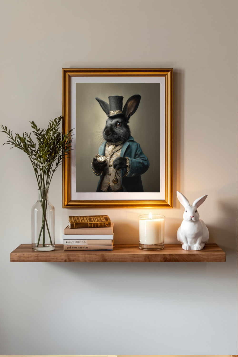 A framed art print of a rabbit dressed in vintage formalwear hangs on a wall above a wooden shelf styled with books, a candle, a white rabbit figurine, and a vase with dried stems.