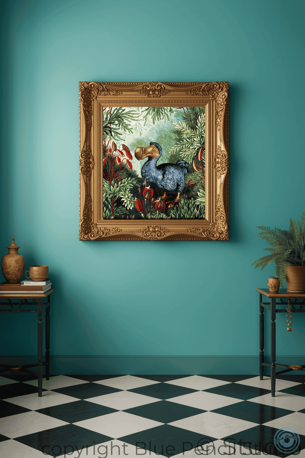 Decorative painting of a blue dodo in an ornate gold frame on a teal wall with checkered floor.