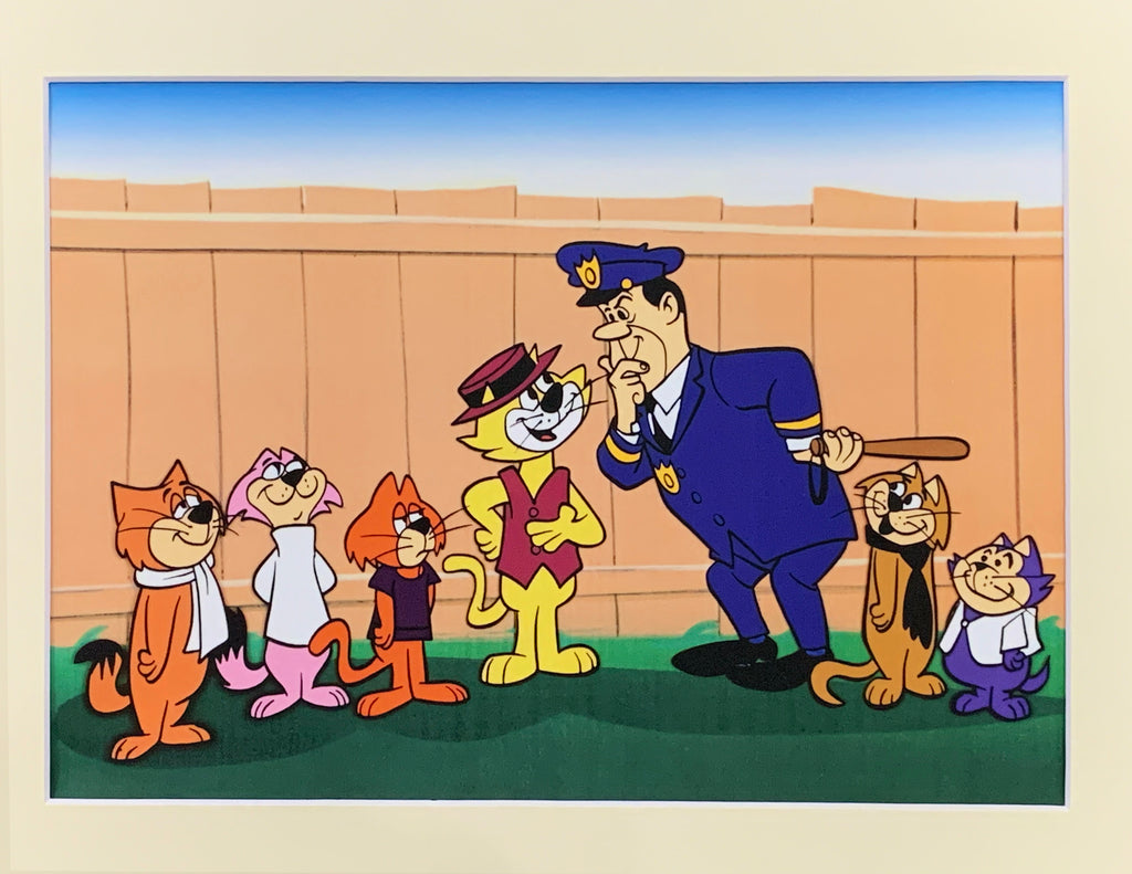 A classic 1961 cartoon art print featuring the Top Cat, facing off against  police officer Dibley with a baton, framed by a cream border.
