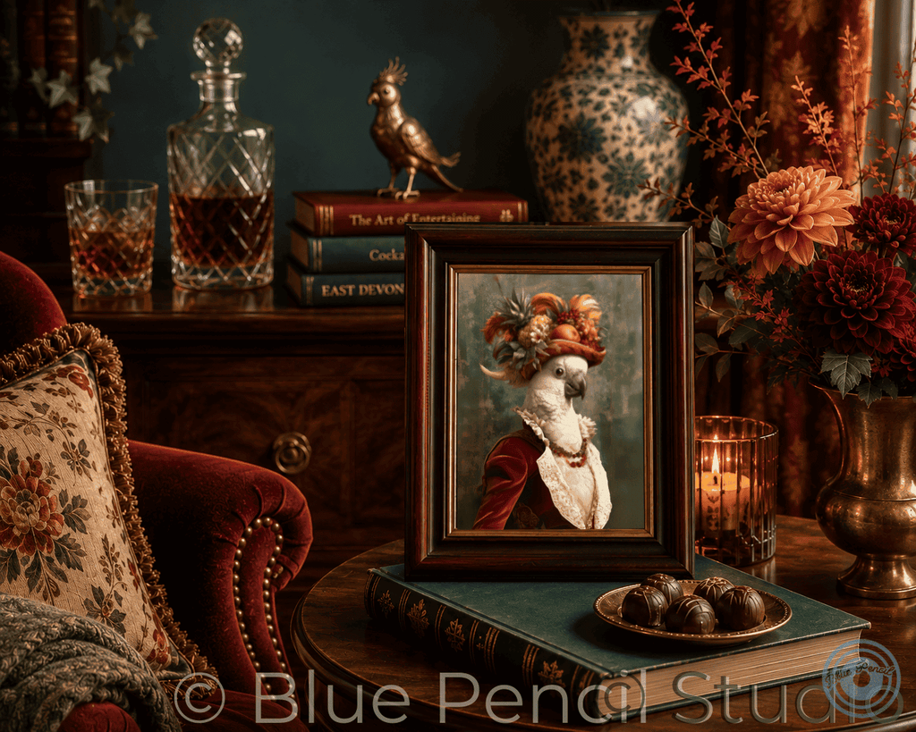 A framed art print depicting a Cockatoo in ornate clothing, styled on a table next to a red velvet armchair, books, and a candle in a moody room setting.