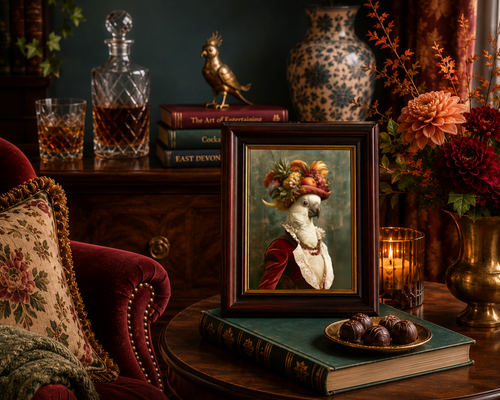 A framed art print depicting a Cockatoo in ornate clothing, styled on a table next to a red velvet armchair, books, and a candle in a moody room setting.