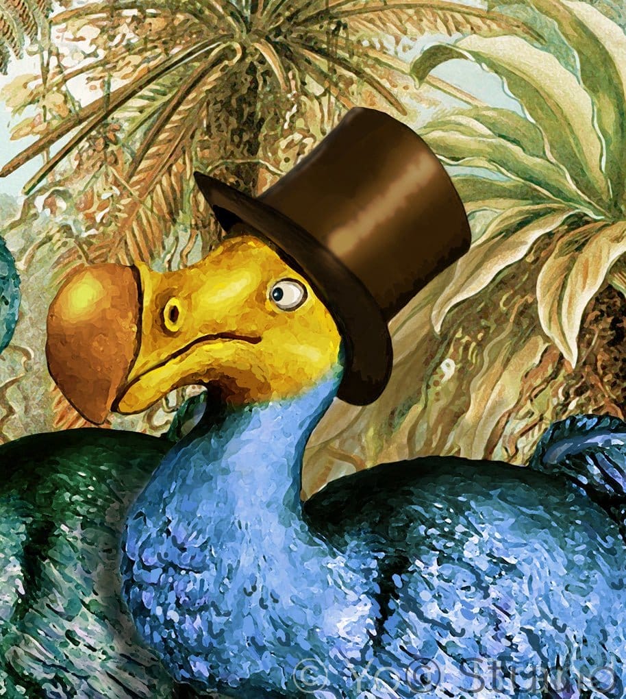 A stylized painting of a blue bird with a yellow face wearing a brown top hat and holding a brown fruit, set against a background of green palm leaves.