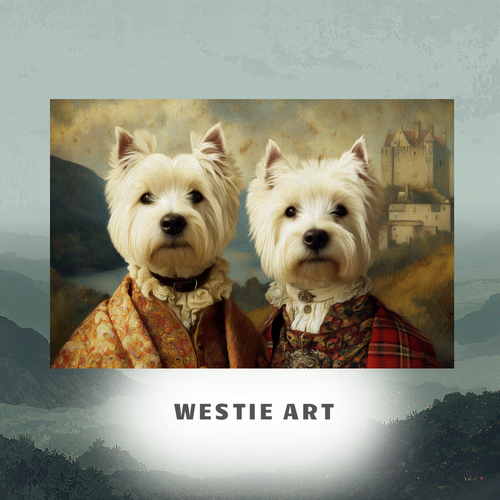 Two West Highland White Terriers in historical clothing with a castle in the background, labeled 'Westie Art'.