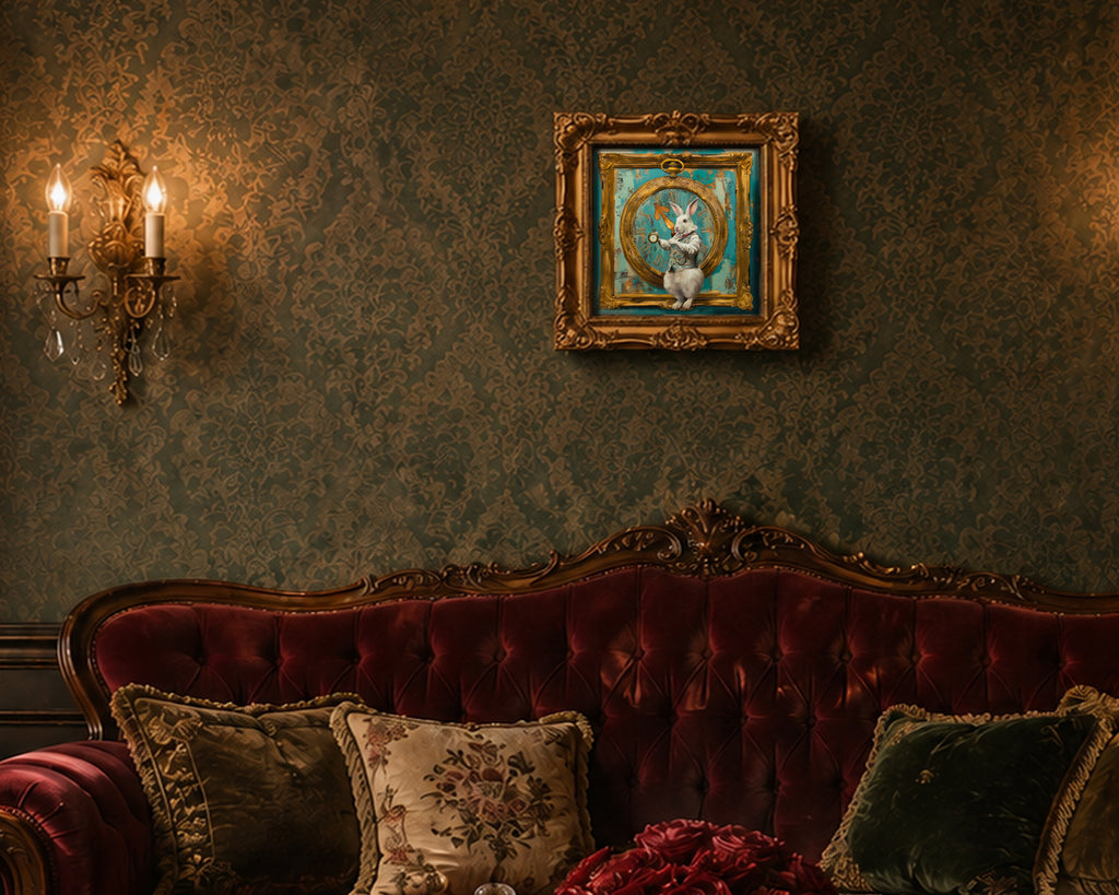 Vintage-style room with a red velvet sofa, decorative pillows, and a framed painting of rabbit on the wall.