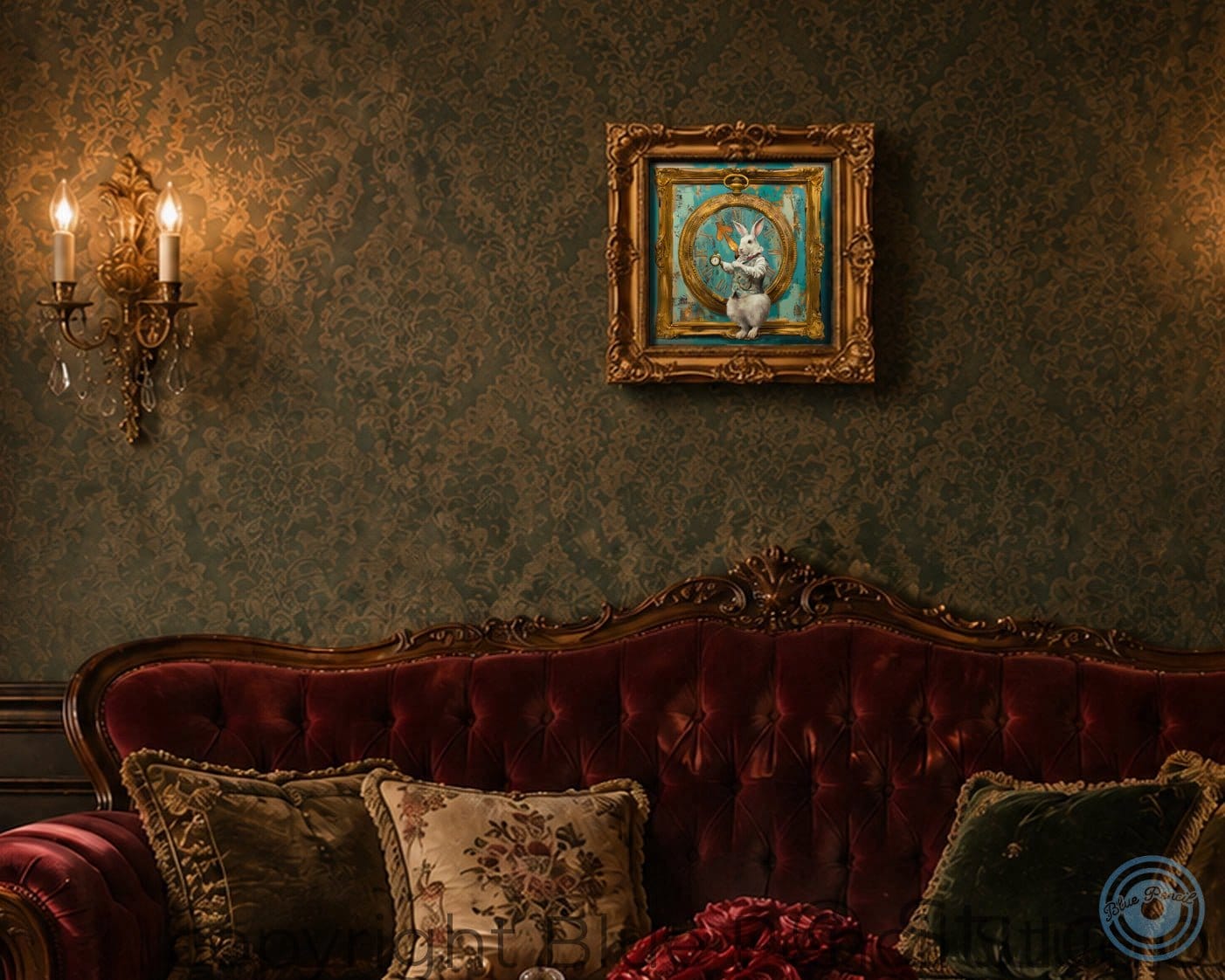 Vintage-style room with a red velvet sofa, decorative pillows, and a framed painting of rabbit on the wall.