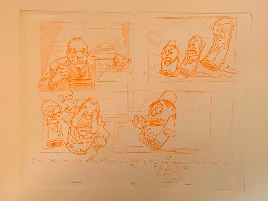 An original animation production sketch on from Weetabix-Original Animation Art. The sheet features four panels depicting cartoon characters, with handwritten dialogue notes at the bottom.