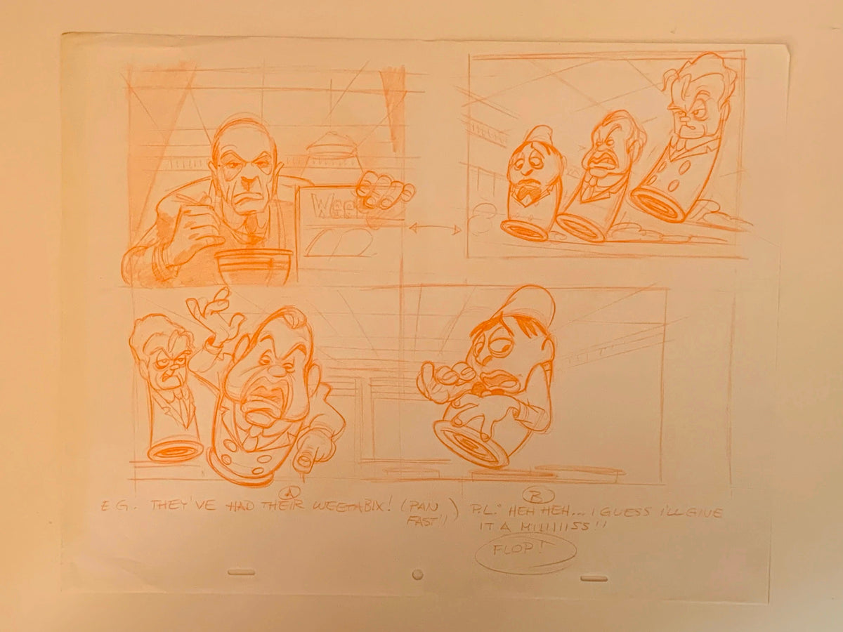 An original animation production sketch on from Weetabix-Original Animation Art. The sheet features four panels depicting cartoon characters, with handwritten dialogue notes at the bottom.