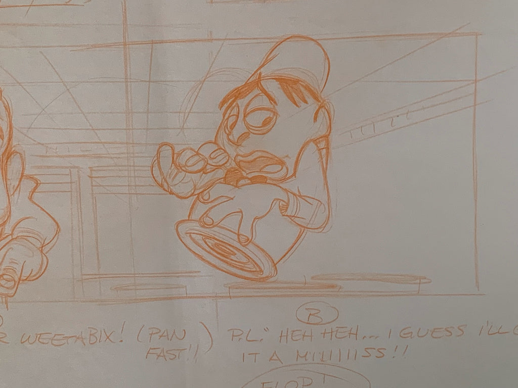 An orange pencil sketch on a white sheet of animation production paper, depicting a cartoon character in motion with handwritten dialogue notes below. Weetabix-Original Animation Art