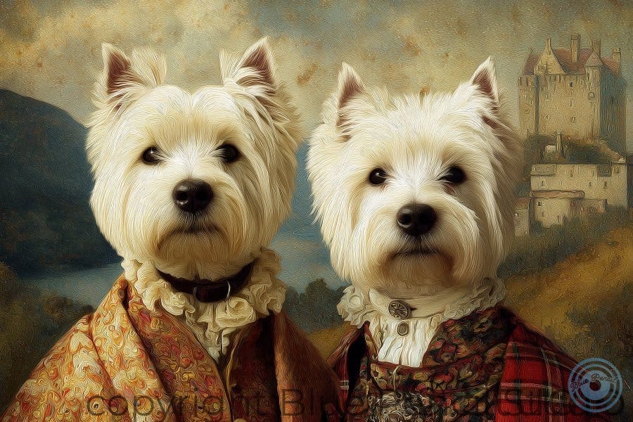 Two Westie dogs dressed in historical attire with a castle in the background