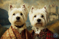 Two Westie dogs dressed in historical attire with a castle in the background