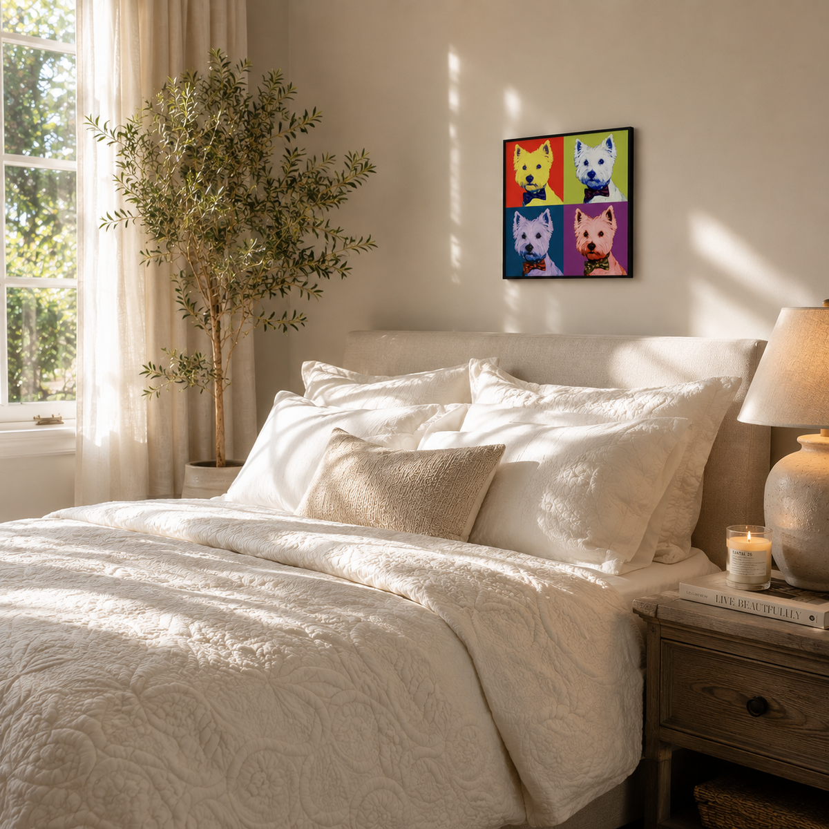 A styled bedroom scene with a neatly made bed in cream bedding, a wooden nightstand with a lamp and candle, a potted tree, and a colorful framed wall pop art piece of Westies above the headboard.