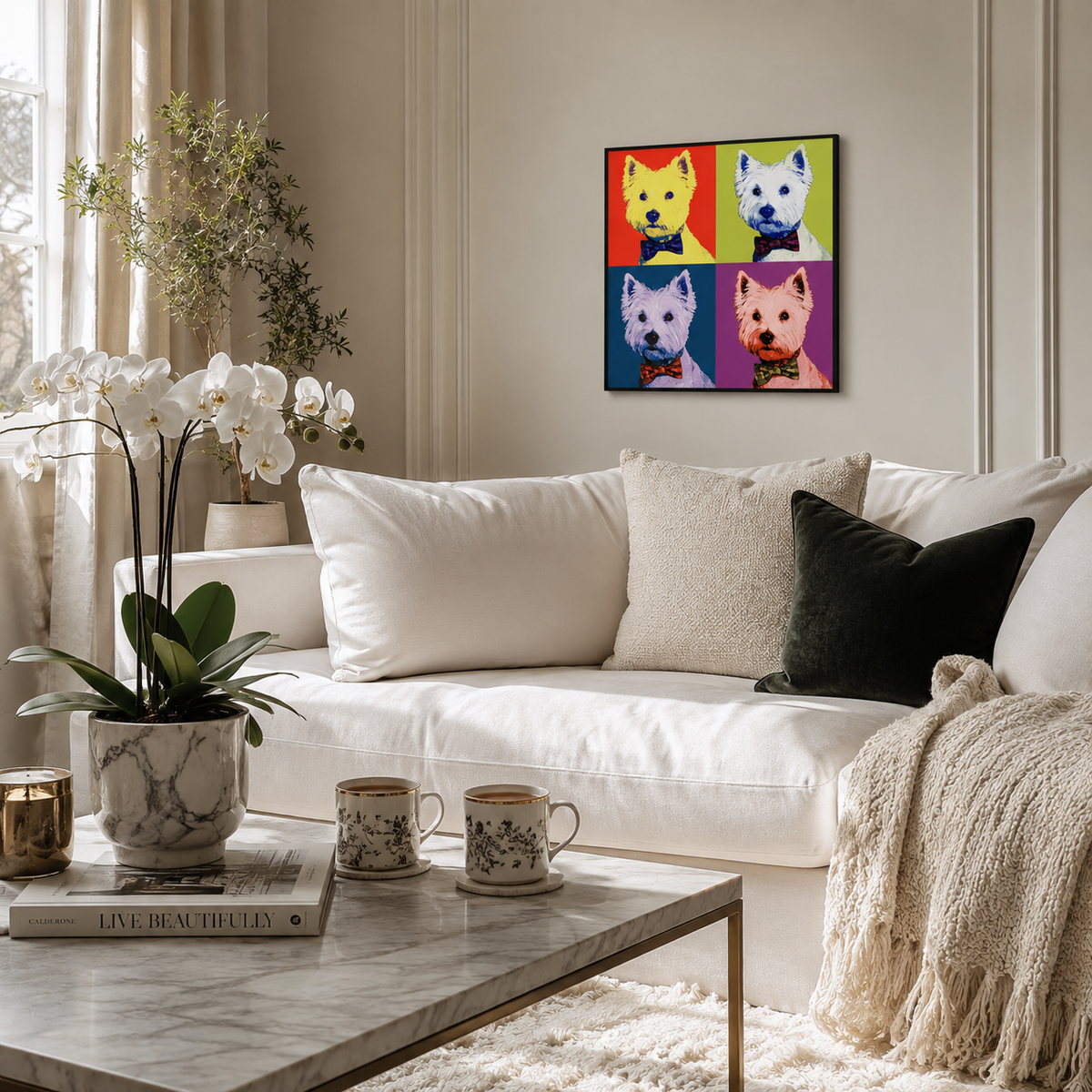 A framed wall art print featuring four colorful pop-art Westie portraits hangs above a white sofa in a styled living room with pillows, a coffee table, and a plant.